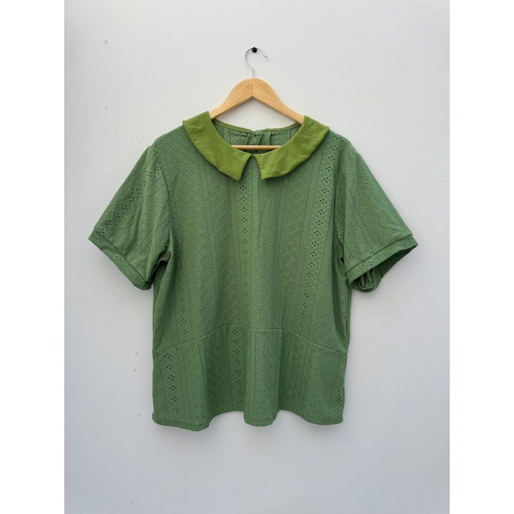 Vintage Style Green Eyelet Peter Pan Collar Blouse Cottagecore Top XL